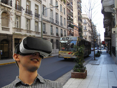 Man standing downtown with virtual reality goggles