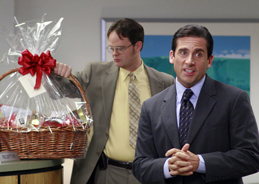 Michael and Dwight deliver a gift basket